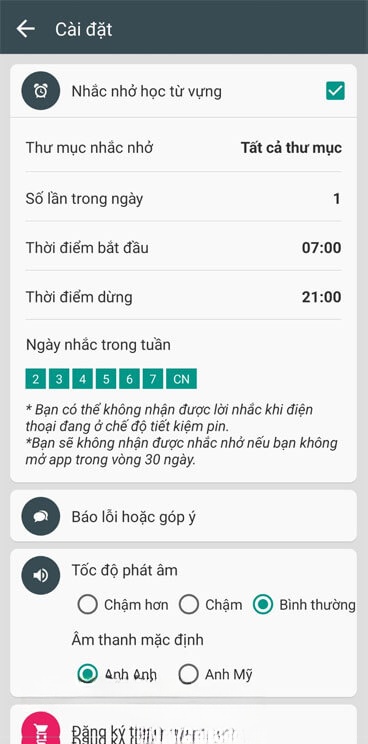 Nhắc nhở học từ vựng hằng ngày