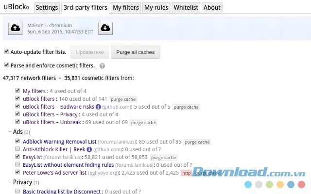Dùng nhiều bộ lọc của tiện ích mở rộng miễn phí uBlock Origin cho trình duyệt Google Chrome