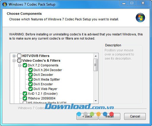 Lựa chọn thành phần Windows 7 Codec Pack