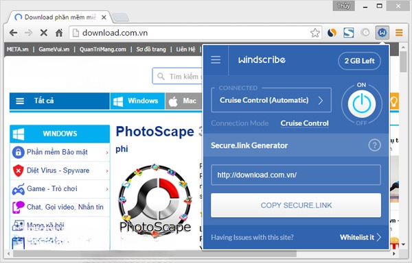 Giao diện của Windscribe cho Chrome