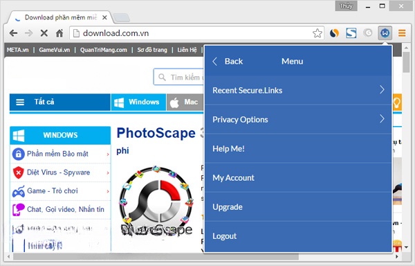 Menu của Windscribe cho Chrome