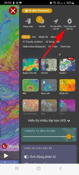 Theo dõi bão trong app Windy