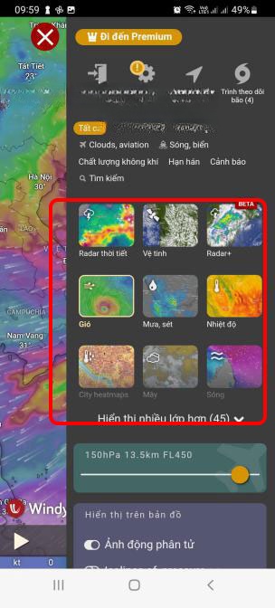 Chọn lớp hiển thị thời tiết phù hợp trong Windy