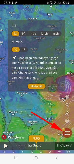 Theo dõi gió trong app Windy