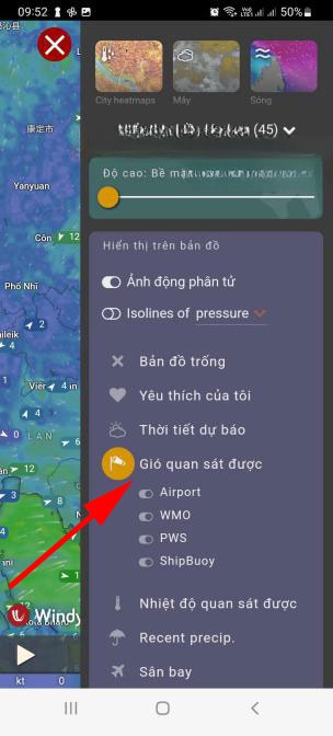Theo dõi gió trong app Windy
