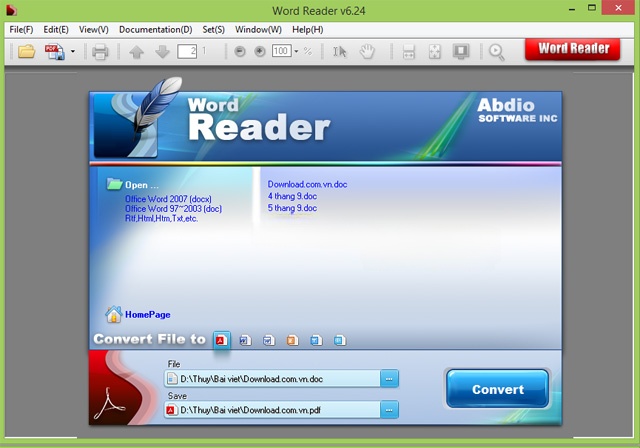 Giao diện chính của Word Reader