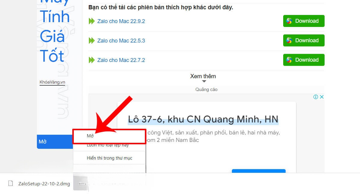 Click chuột vào nút Mở